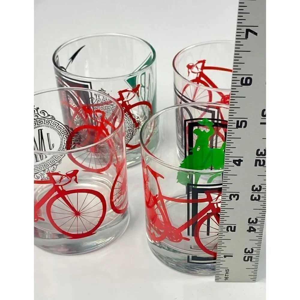 Set of 4 Lowball Whiskey Short Tumbler Glasses Bicycle Bronco Monogram Barware C